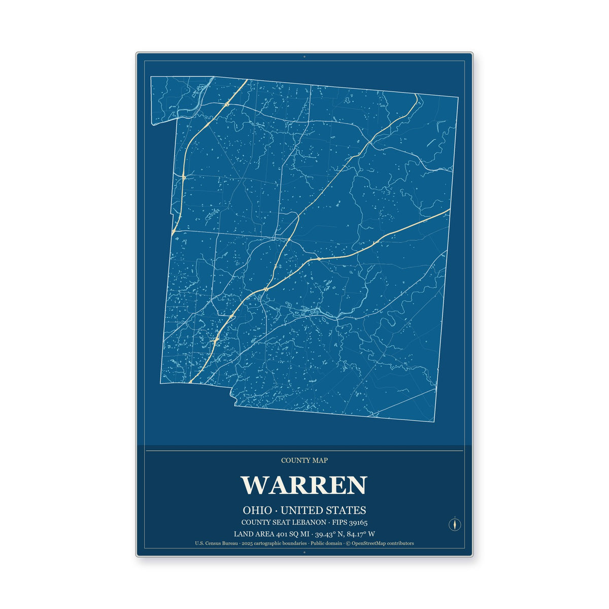 Warren County, Ohio Map Aluminum Sign in Harbor Cobalt style