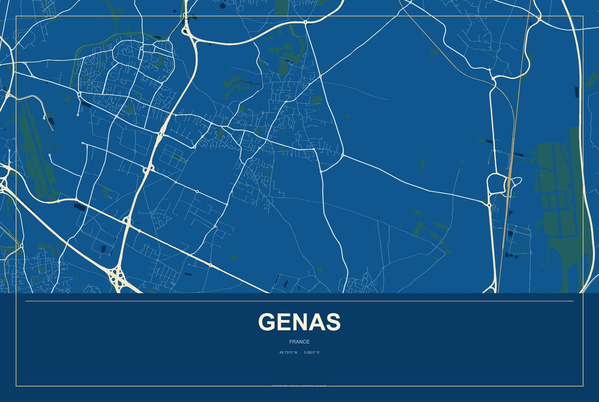 Genas, France City Map Aluminum Sign in Harbor Cobalt style