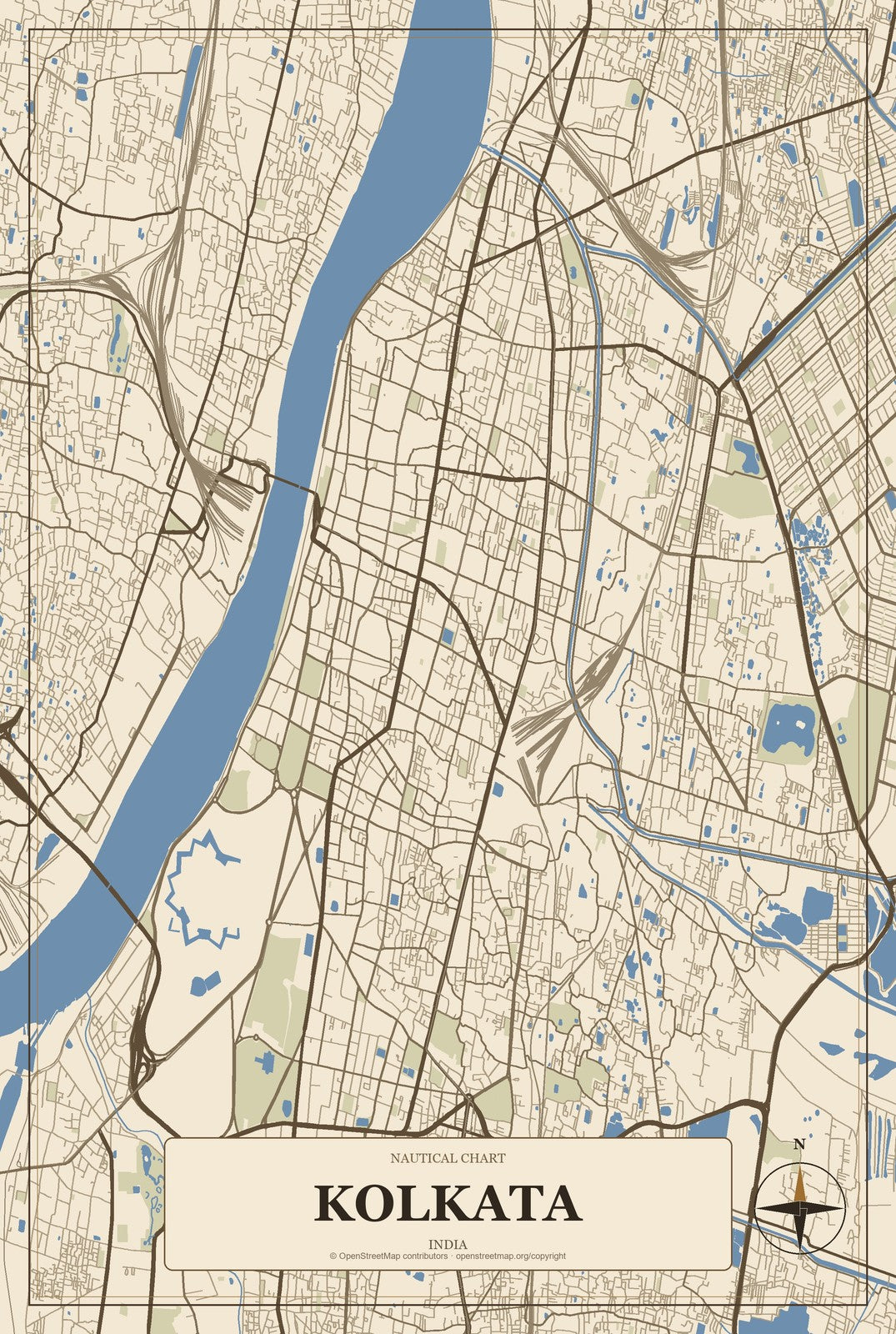 Kolkata, India City Map Aluminum Sign in Heritage Nautical style