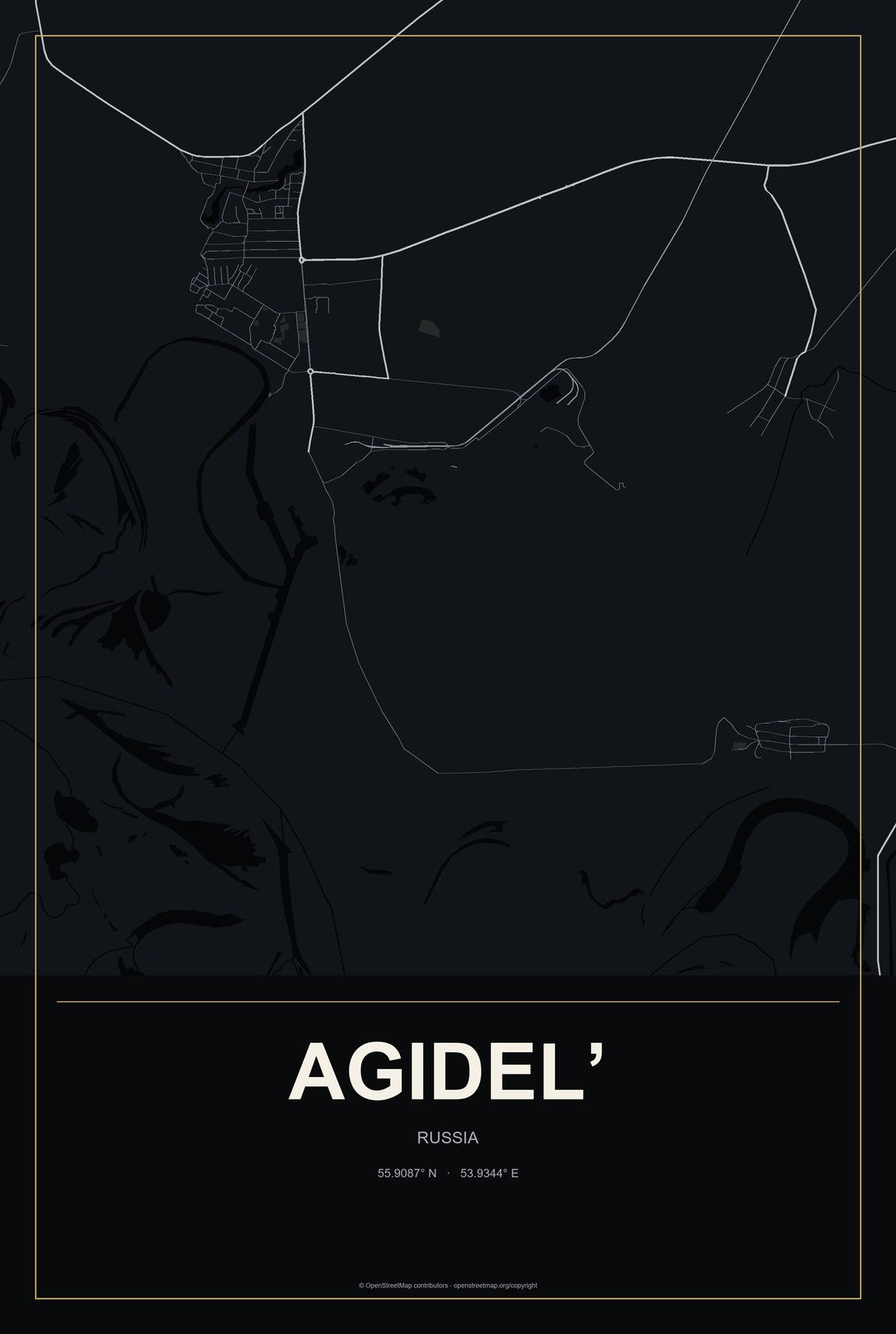 Agidel’, Russia City Map Aluminum Sign in Metropolitan Noir style