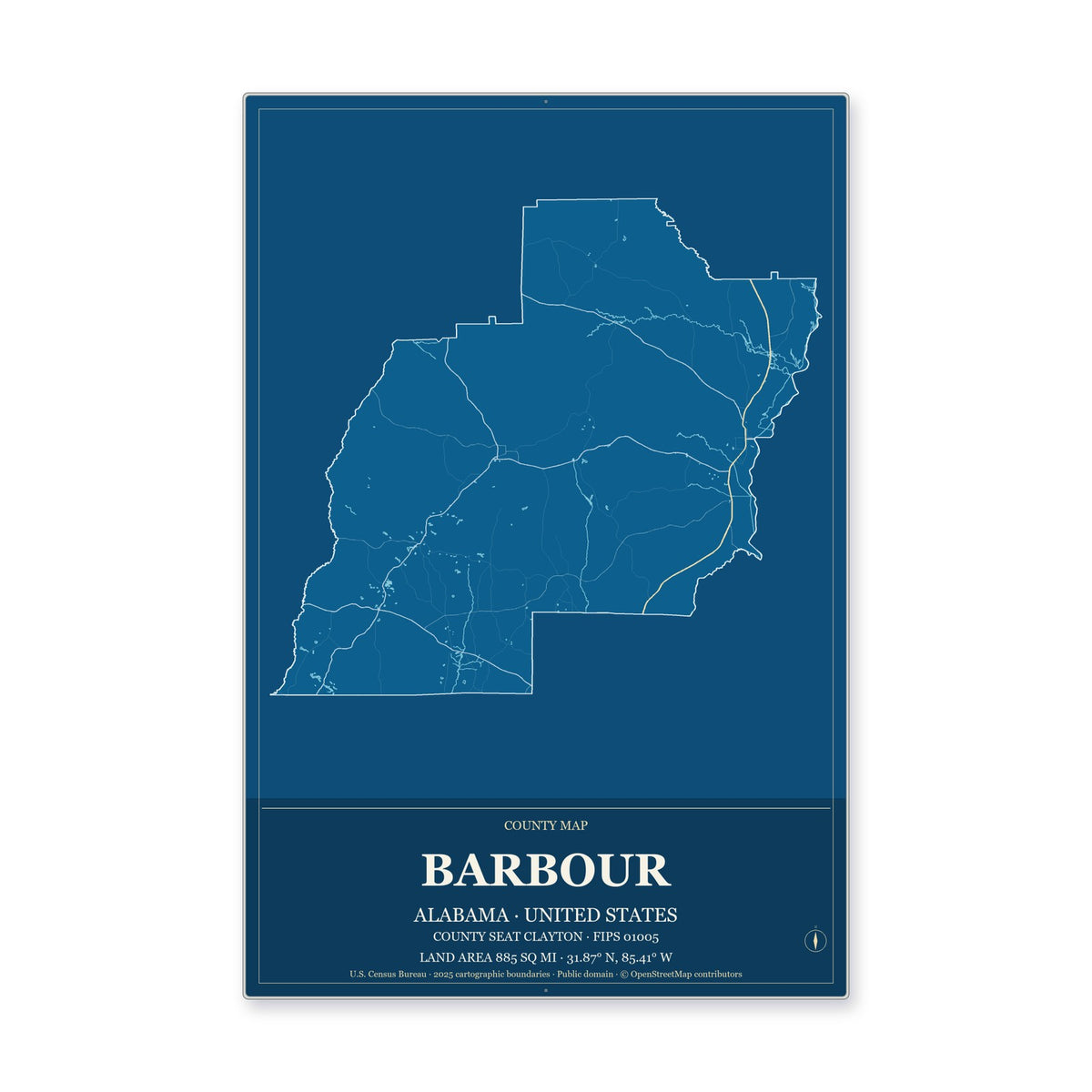 Barbour County, Alabama Map Aluminum Sign in Harbor Cobalt style