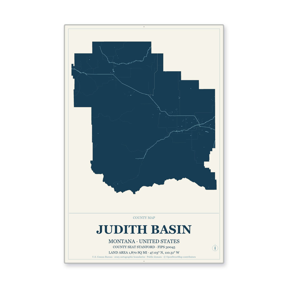 Judith Basin County, Montana Map Aluminum Sign in Coastal Cutout style