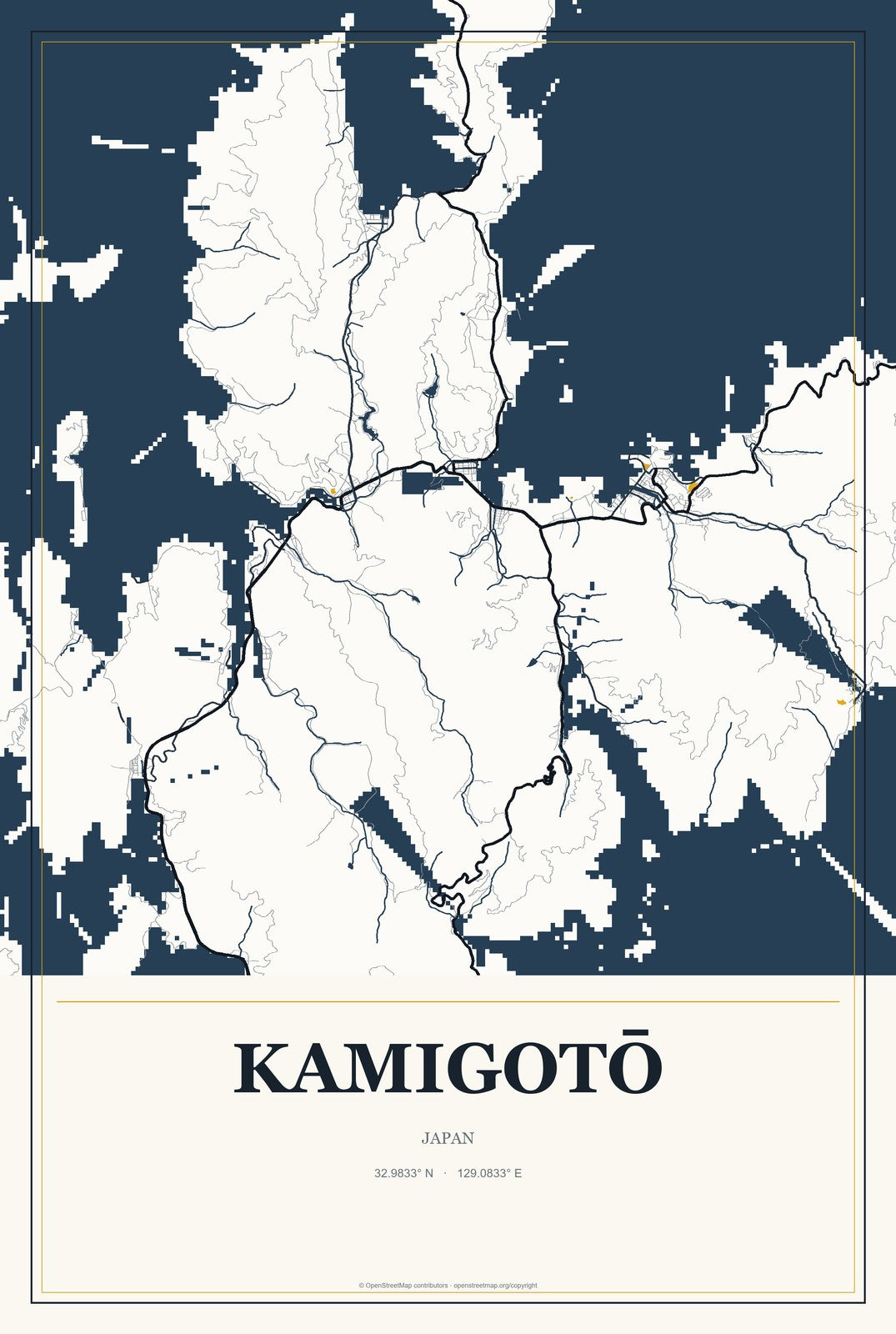 Kamigotō, Japan City Map Aluminum Sign in Citrine Modern style