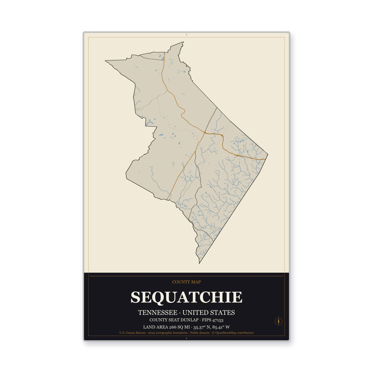 Sequatchie County, Tennessee Map Aluminum Sign in Museum Plaque style