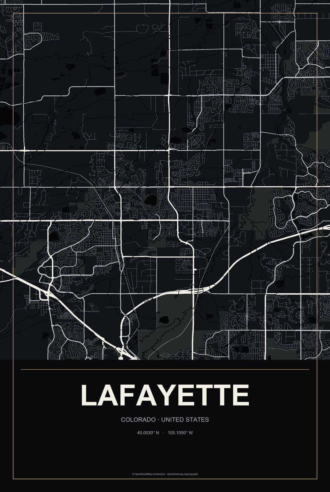 Lafayette, Colorado City Map Aluminum Sign in Metropolitan Noir style