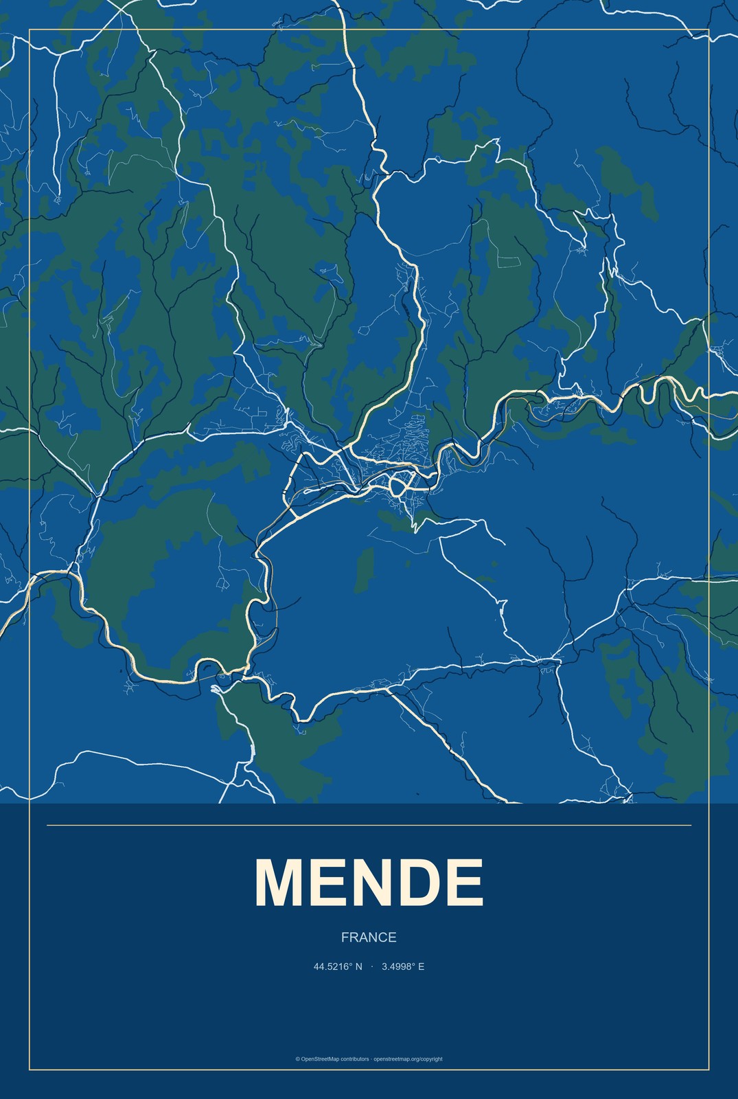 Mende, France City Map Aluminum Sign in Harbor Cobalt style