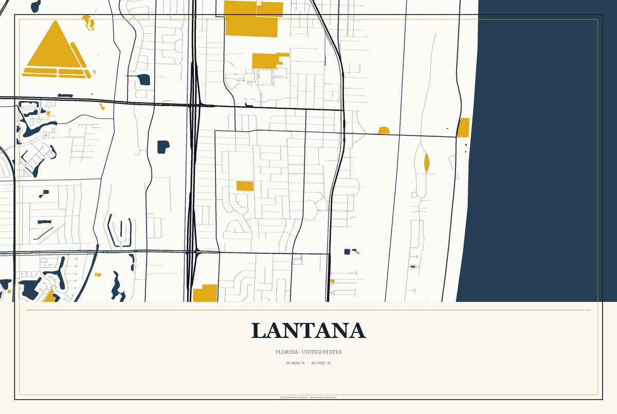 Lantana, Florida City Map Aluminum Sign in Citrine Modern style