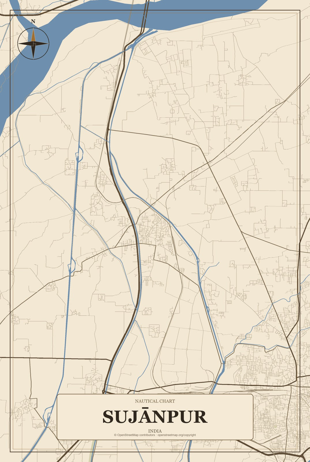 Sujānpur, India City Map Aluminum Sign in Heritage Nautical style