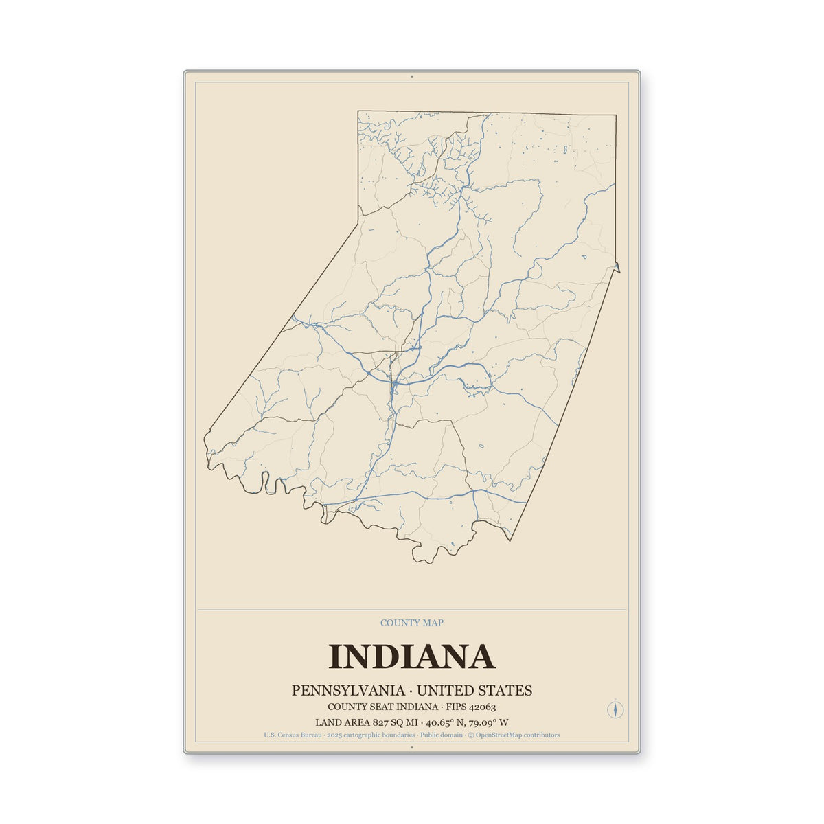 Indiana County, Pennsylvania Map Aluminum Sign in Heritage Nautical style