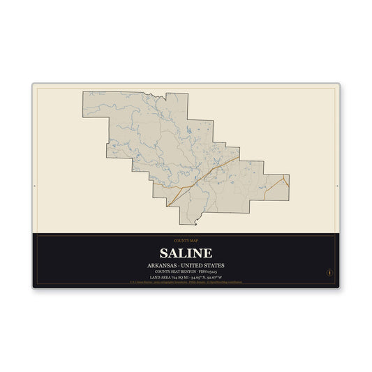 Saline County, Arkansas Map Aluminum Sign in Museum Plaque style