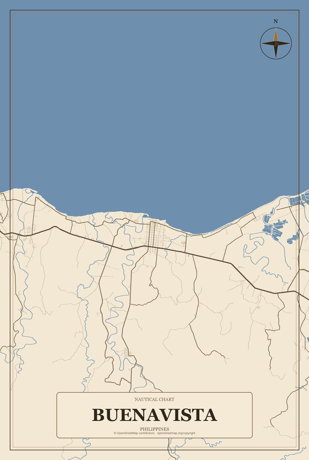 Buenavista, Philippines City Map Aluminum Sign in Heritage Nautical style