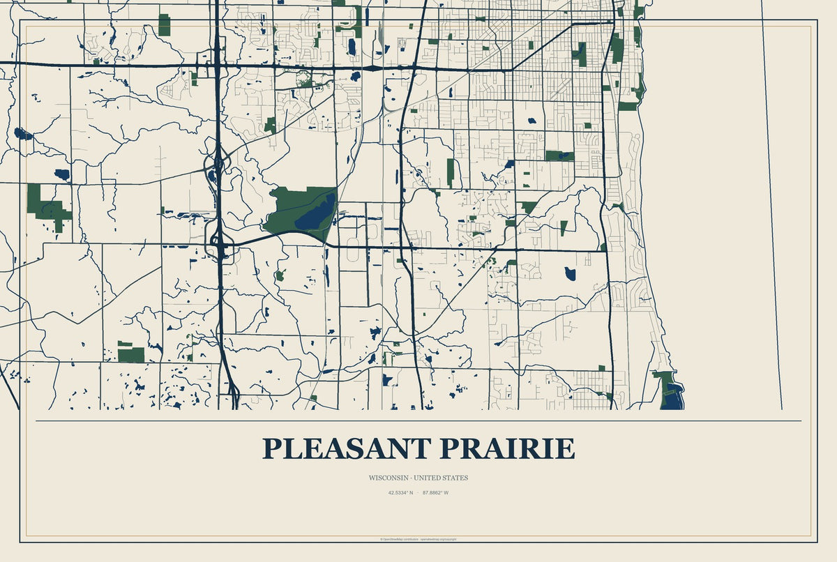 Pleasant Prairie, Wisconsin City Map Aluminum Sign in Coastal Cutout style