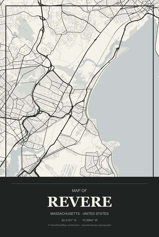 Revere, Massachusetts City Map Aluminum Sign in Museum Plaque style