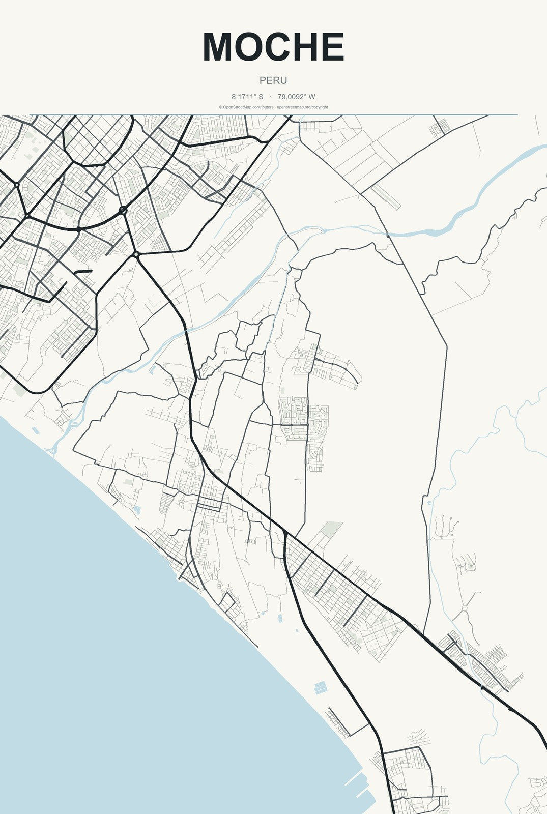 Moche, Peru City Map Aluminum Sign in Headline Atlas style