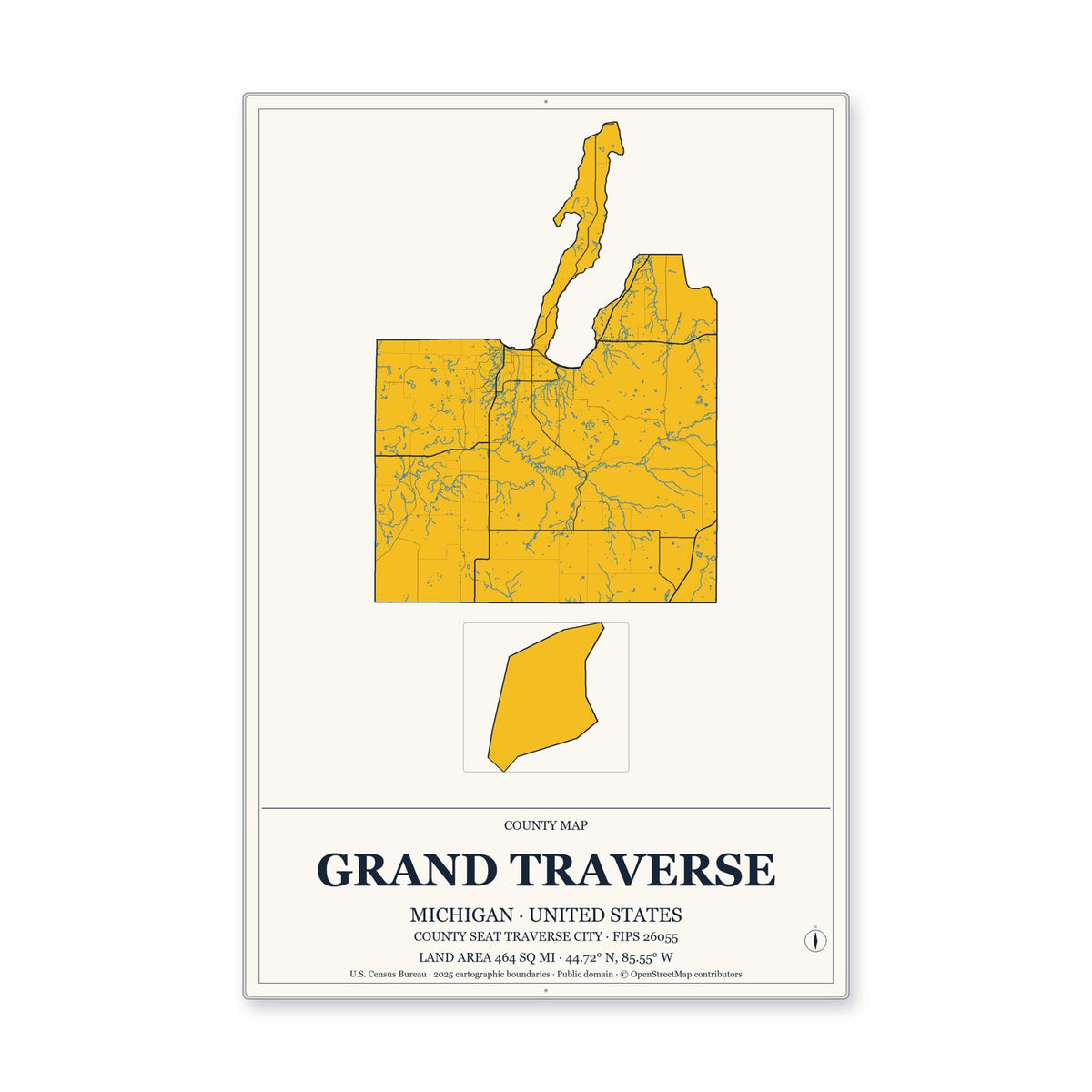 Grand Traverse County, Michigan Map Aluminum Sign in Citrine Modern style