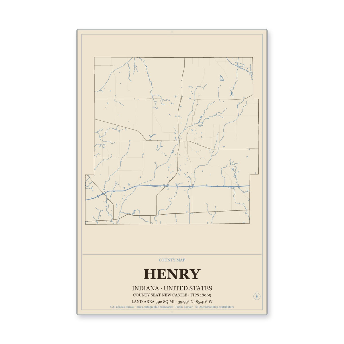 Henry County, Indiana Map Aluminum Sign in Heritage Nautical style
