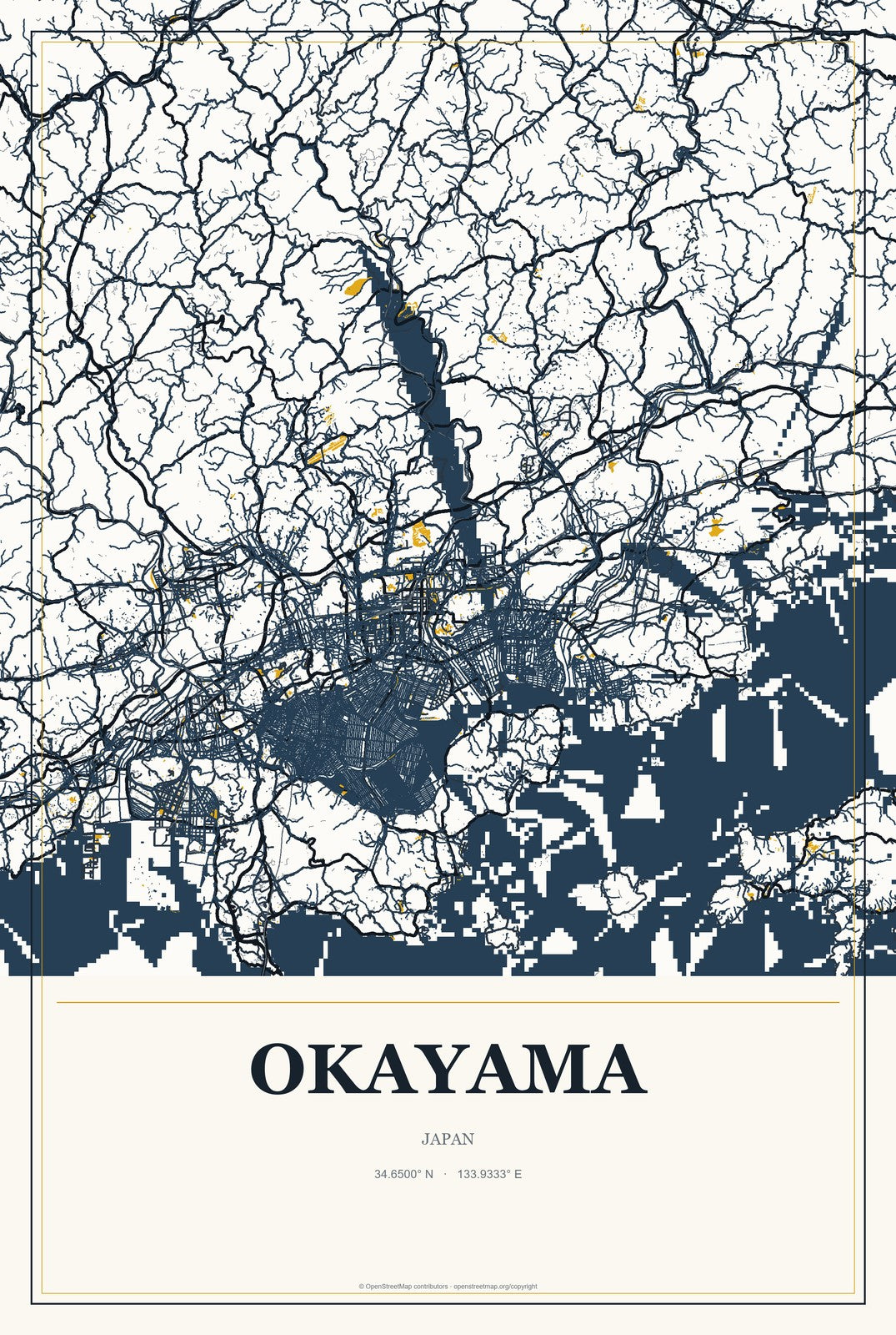 Okayama, Japan City Map Aluminum Sign in Citrine Modern style