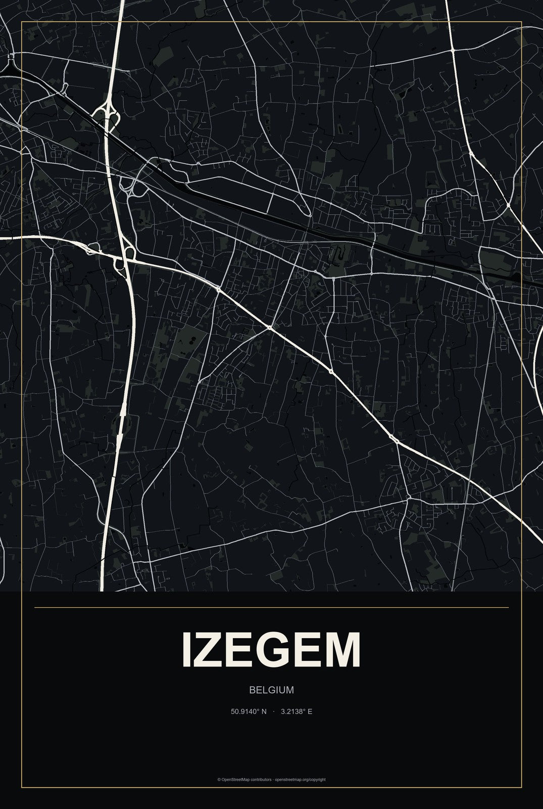 Izegem, Belgium City Map Aluminum Sign in Metropolitan Noir style