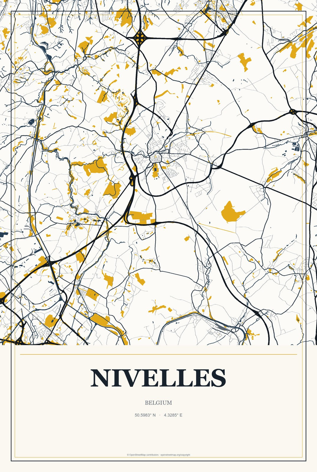 Nivelles, Belgium City Map Aluminum Sign in Citrine Modern style