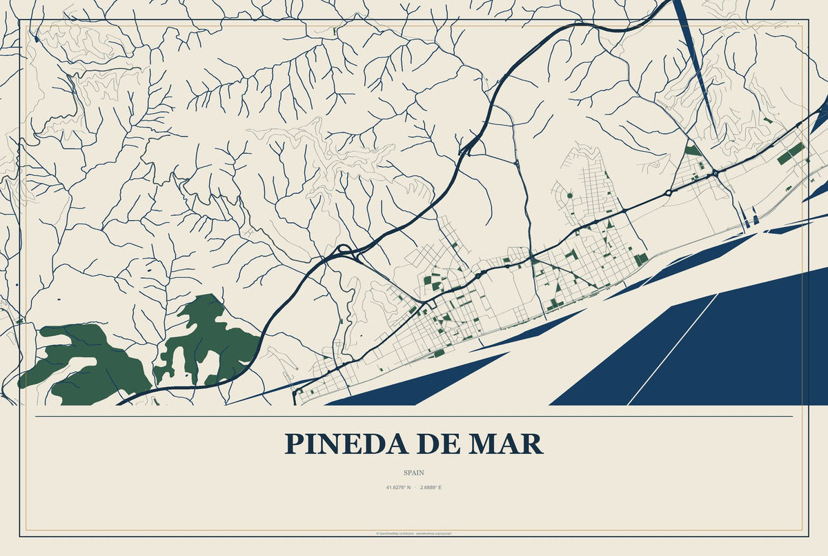 Pineda de Mar, Spain City Map Aluminum Sign in Coastal Cutout style