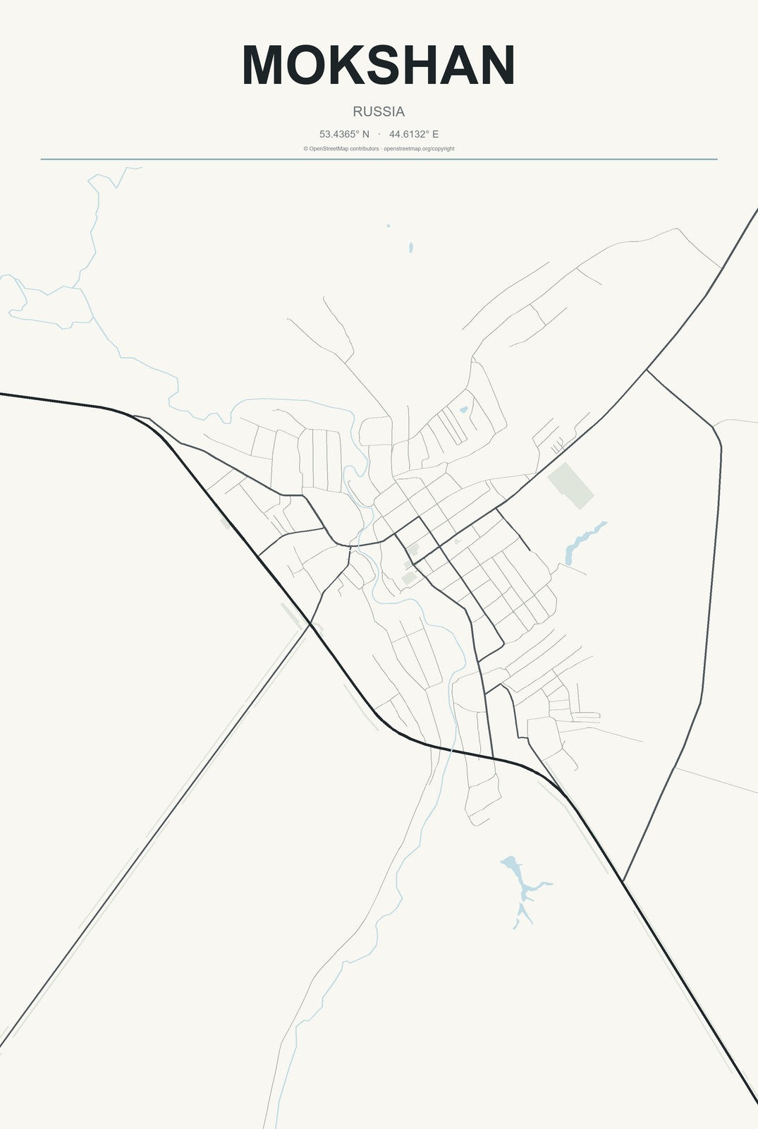 Mokshan, Russia City Map Aluminum Sign in Headline Atlas style