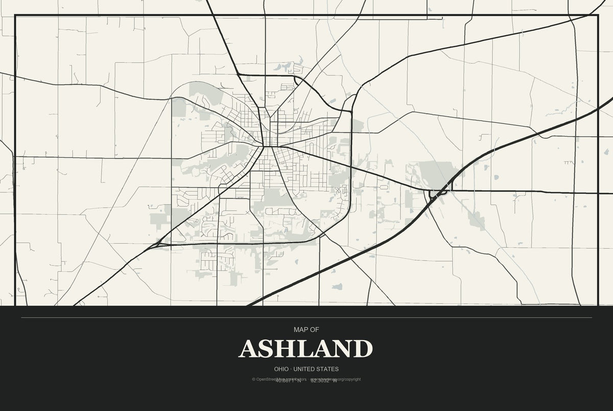 Ashland, Ohio City Map Aluminum Sign in Museum Plaque style