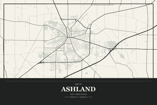 Ashland, Ohio City Map Aluminum Sign in Museum Plaque style