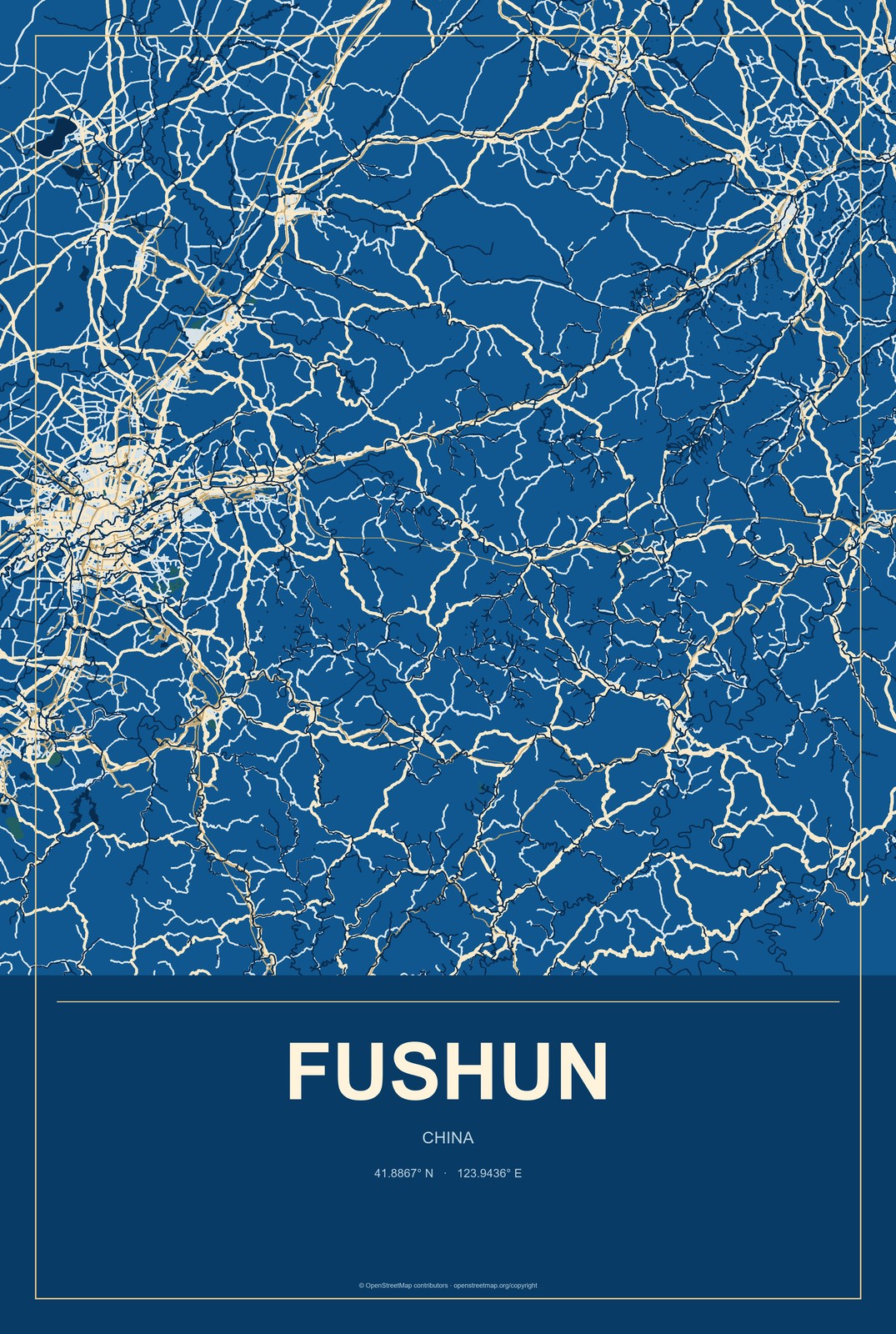 Fushun, China City Map Aluminum Sign in Harbor Cobalt style