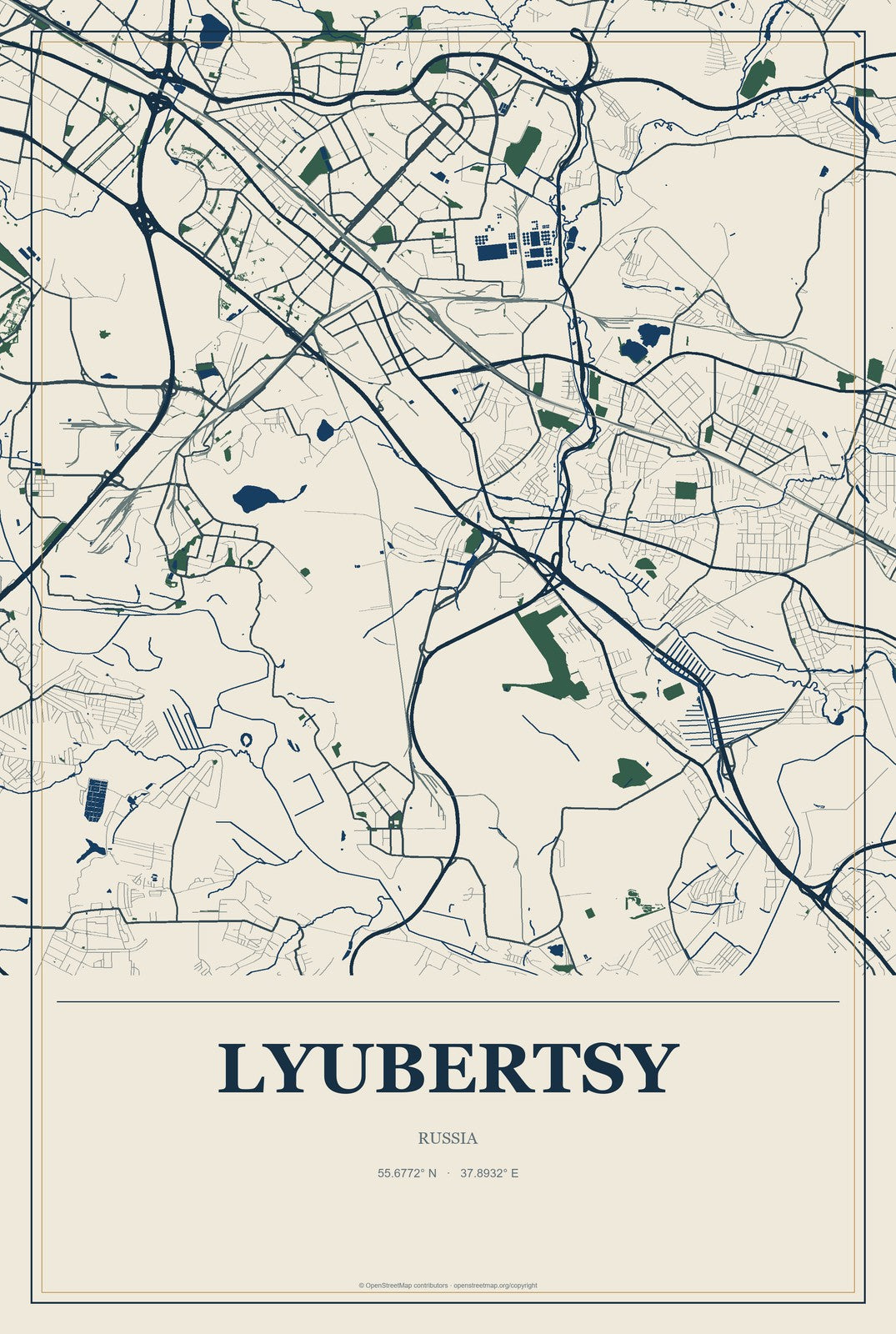 Lyubertsy, Russia City Map Aluminum Sign in Coastal Cutout style