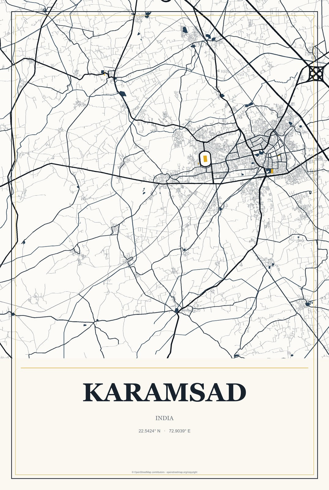 Karamsad, India City Map Aluminum Sign in Citrine Modern style