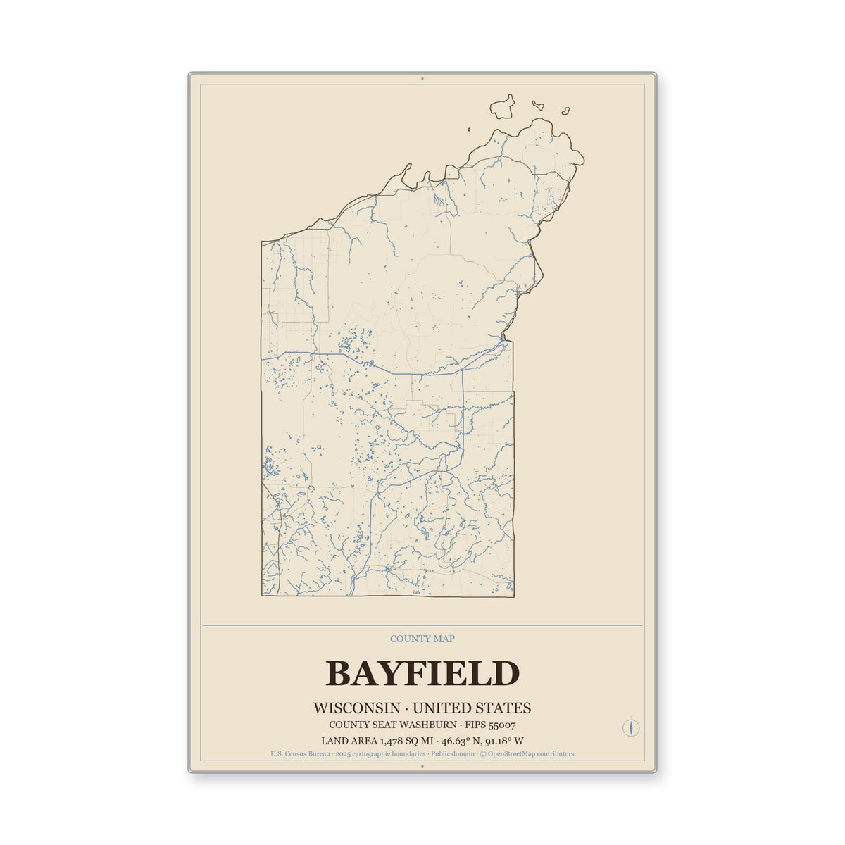 Bayfield County, Wisconsin Map Aluminum Sign in Heritage Nautical style