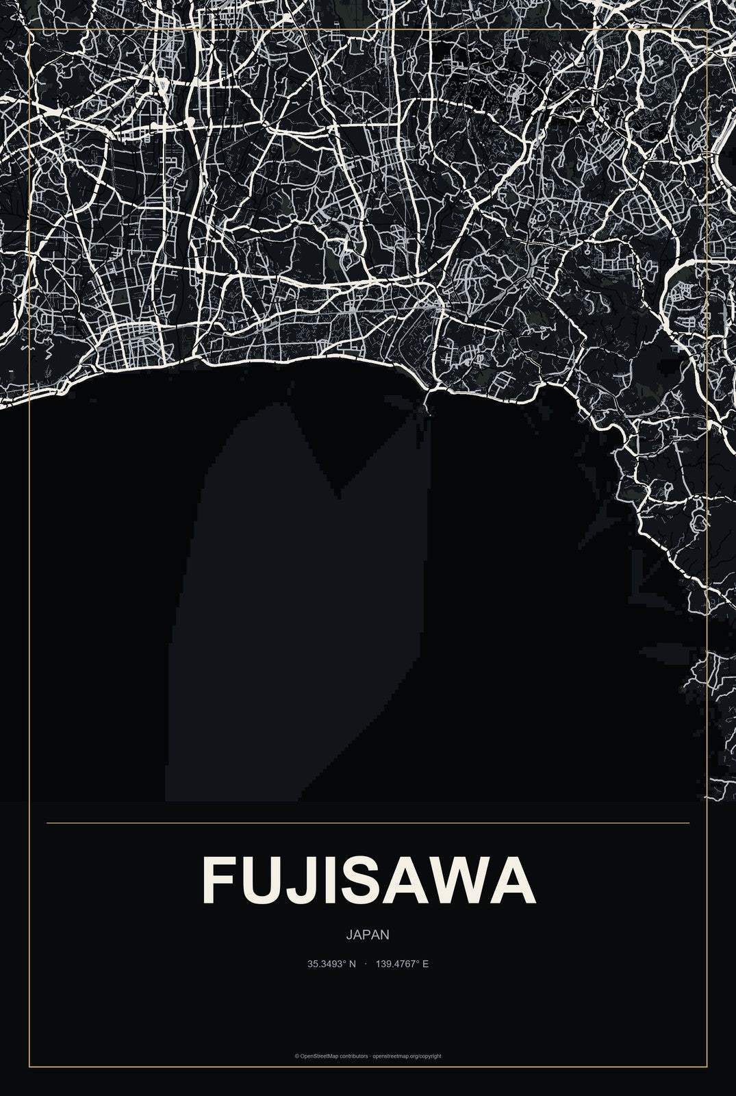 Fujisawa, Japan City Map Aluminum Sign in Metropolitan Noir style
