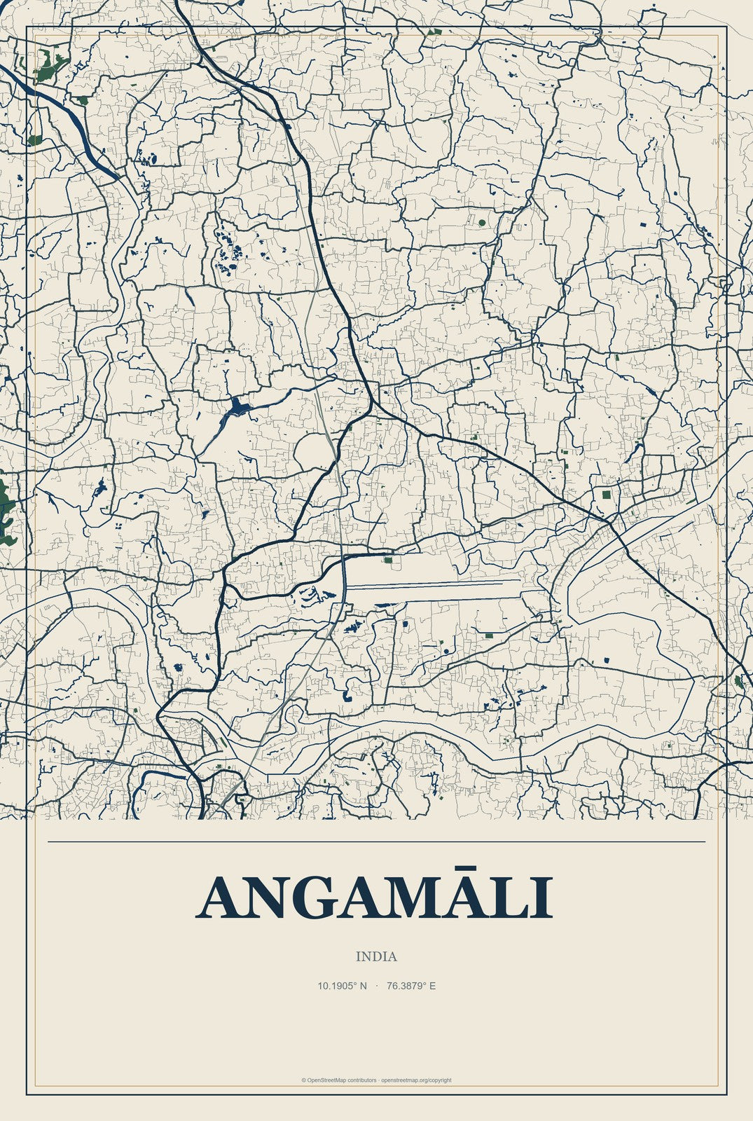 Angamāli, India City Map Aluminum Sign in Coastal Cutout style