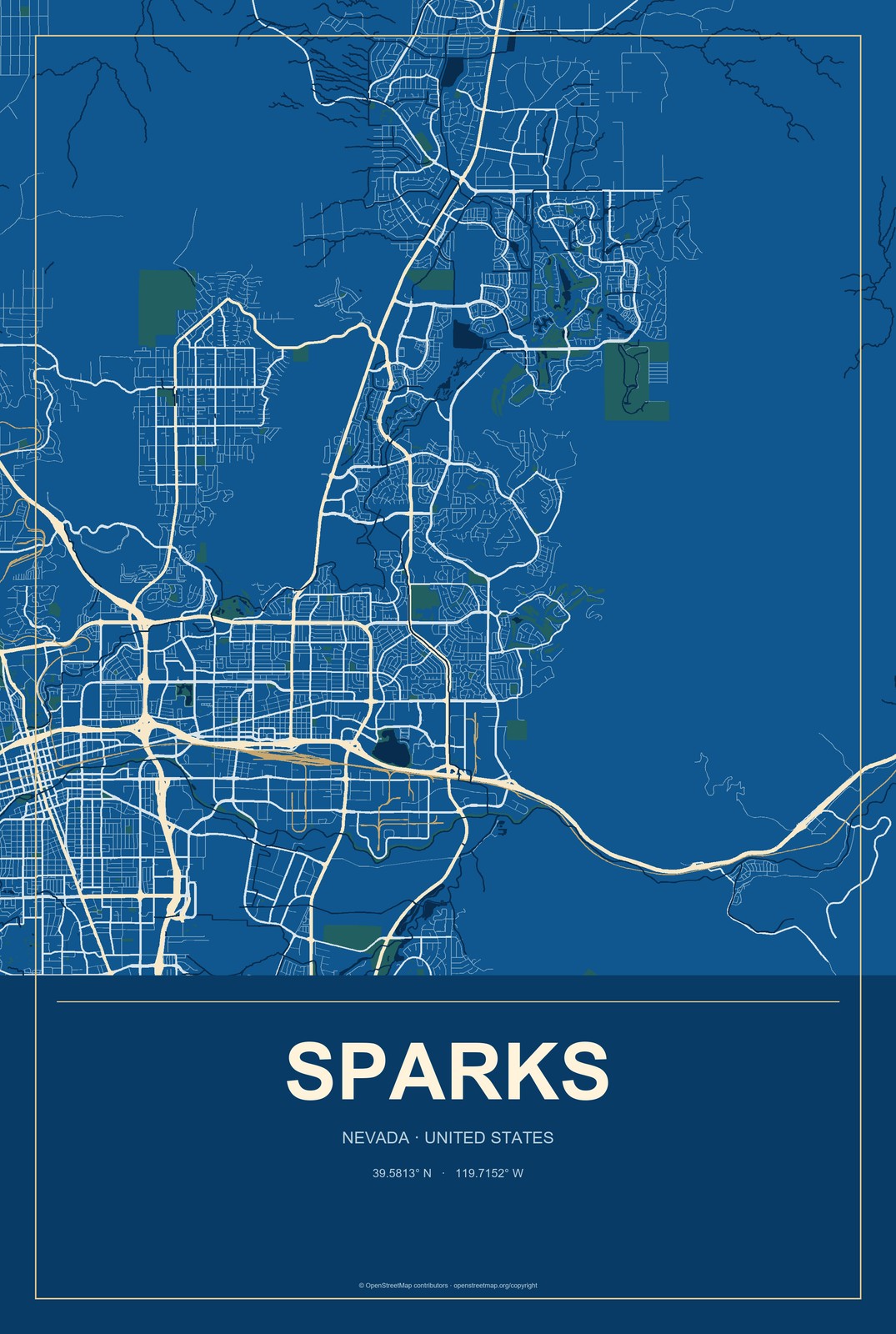 Sparks, Nevada City Map Aluminum Sign in Harbor Cobalt style
