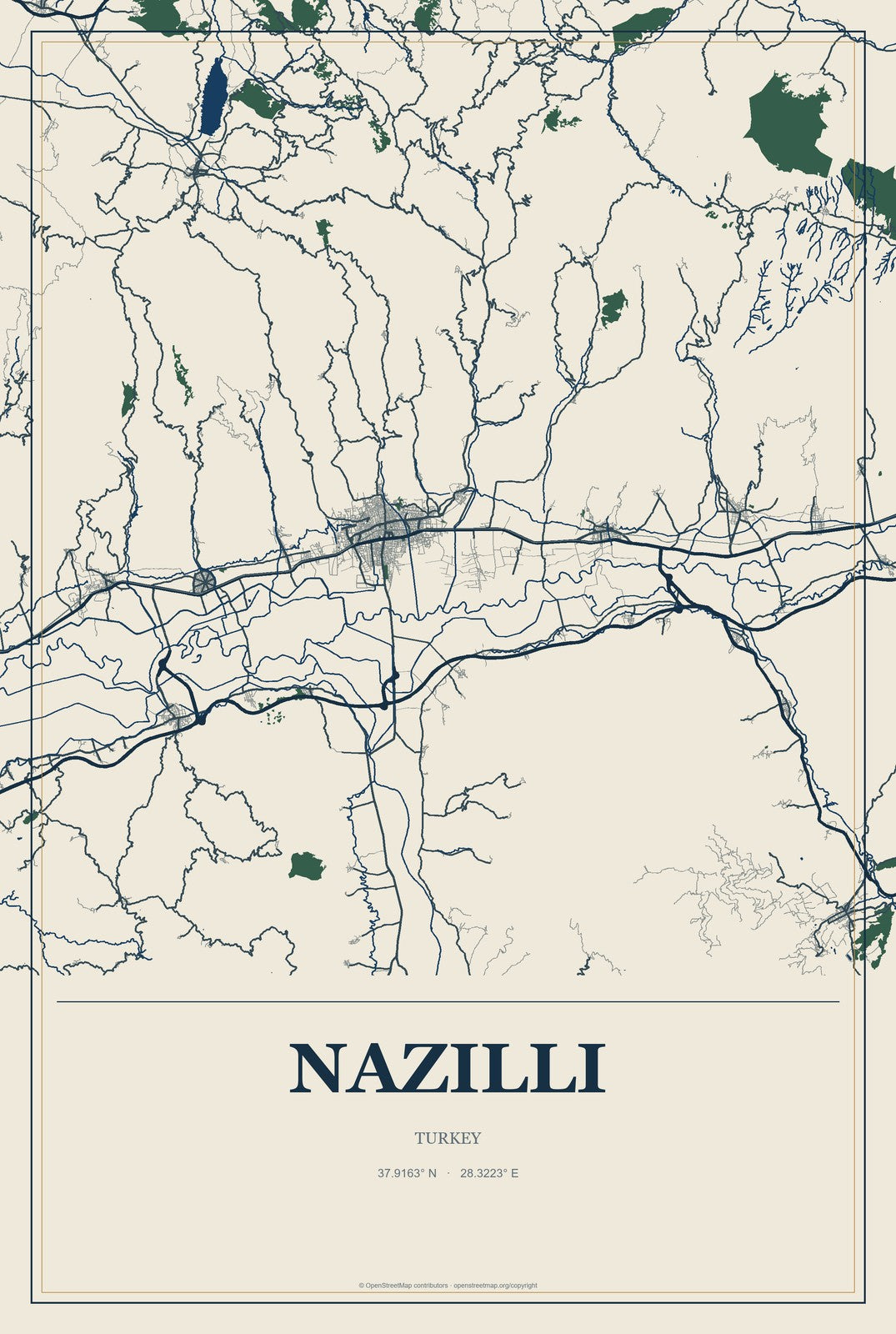 Nazilli, Turkey City Map Aluminum Sign in Coastal Cutout style