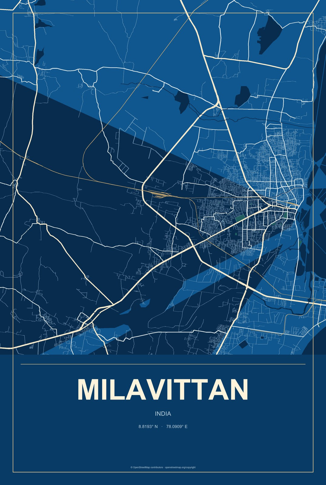 Milavittan, India City Map Aluminum Sign in Harbor Cobalt style