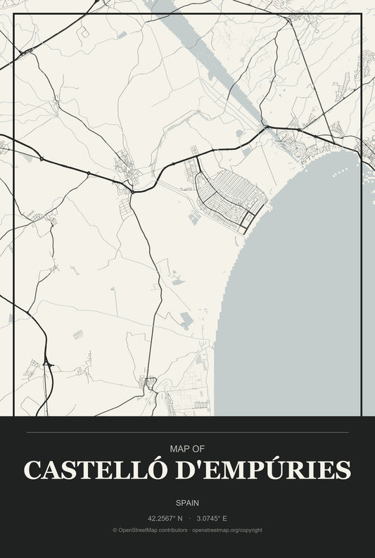 Castelló d'Empúries, Spain City Map Aluminum Sign in Museum Plaque style