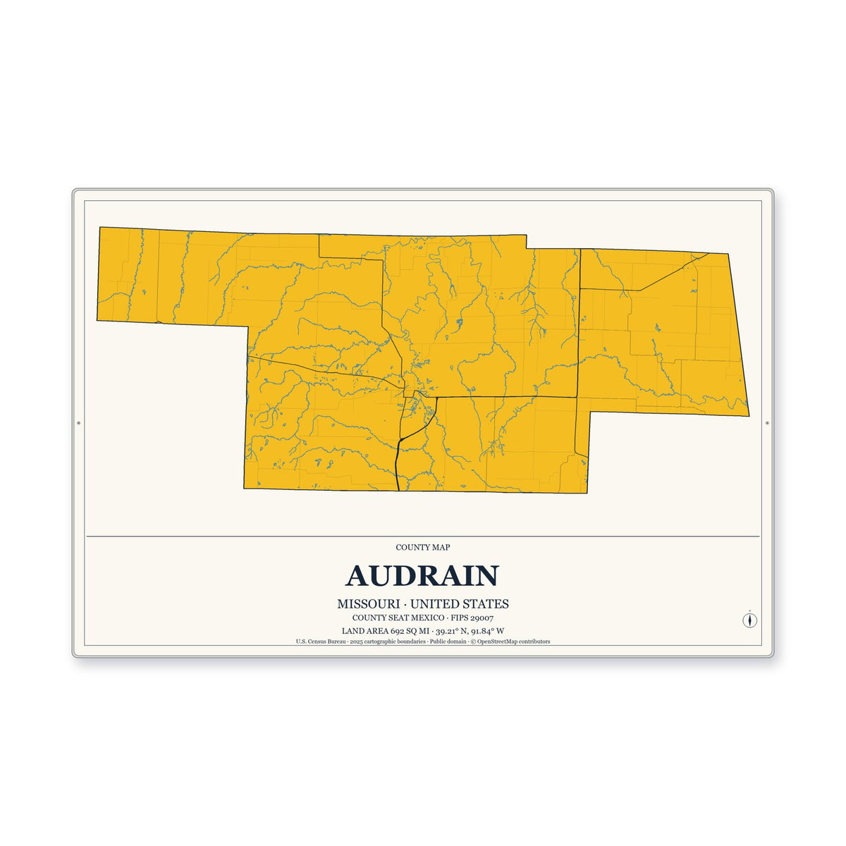Audrain County, Missouri Map Aluminum Sign in Citrine Modern style