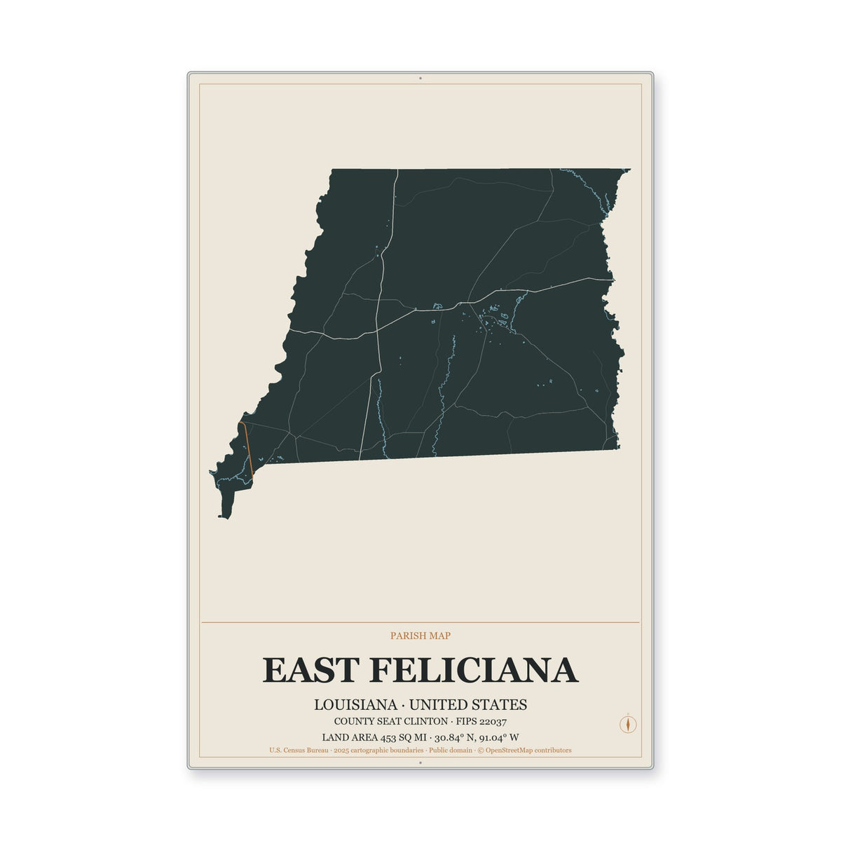 East Feliciana Parish, Louisiana Map Aluminum Sign in Headline Atlas style