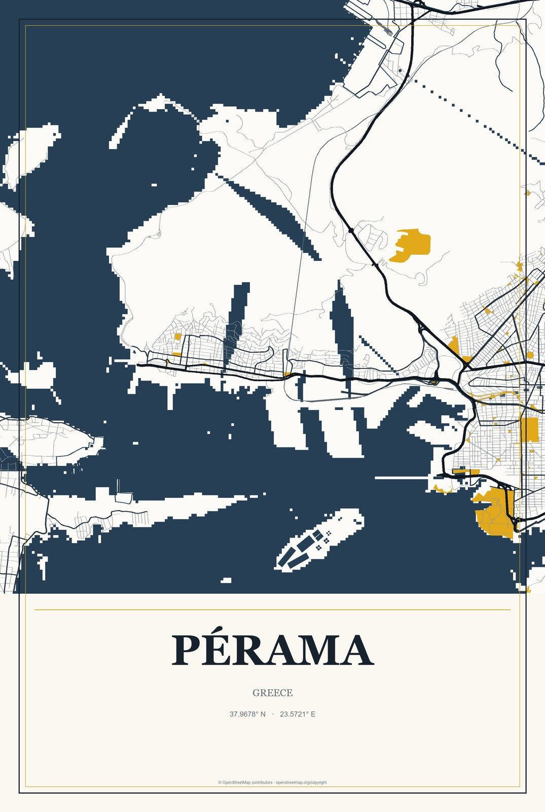 Pérama, Greece City Map Aluminum Sign in Citrine Modern style