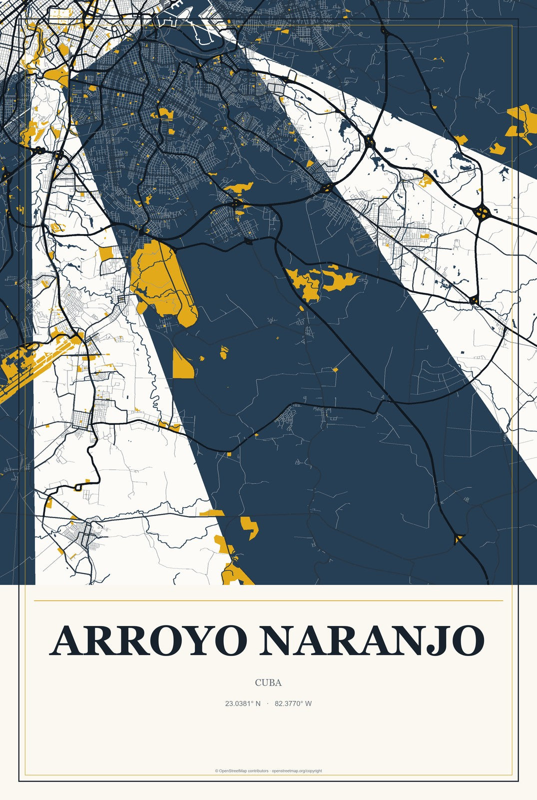 Arroyo Naranjo, Cuba City Map Aluminum Sign in Citrine Modern style