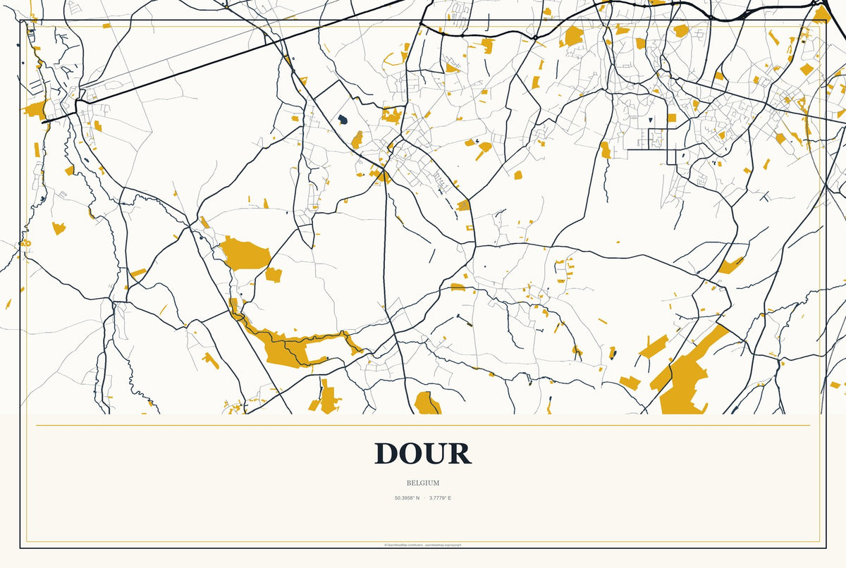 Dour, Belgium City Map Aluminum Sign in Citrine Modern style