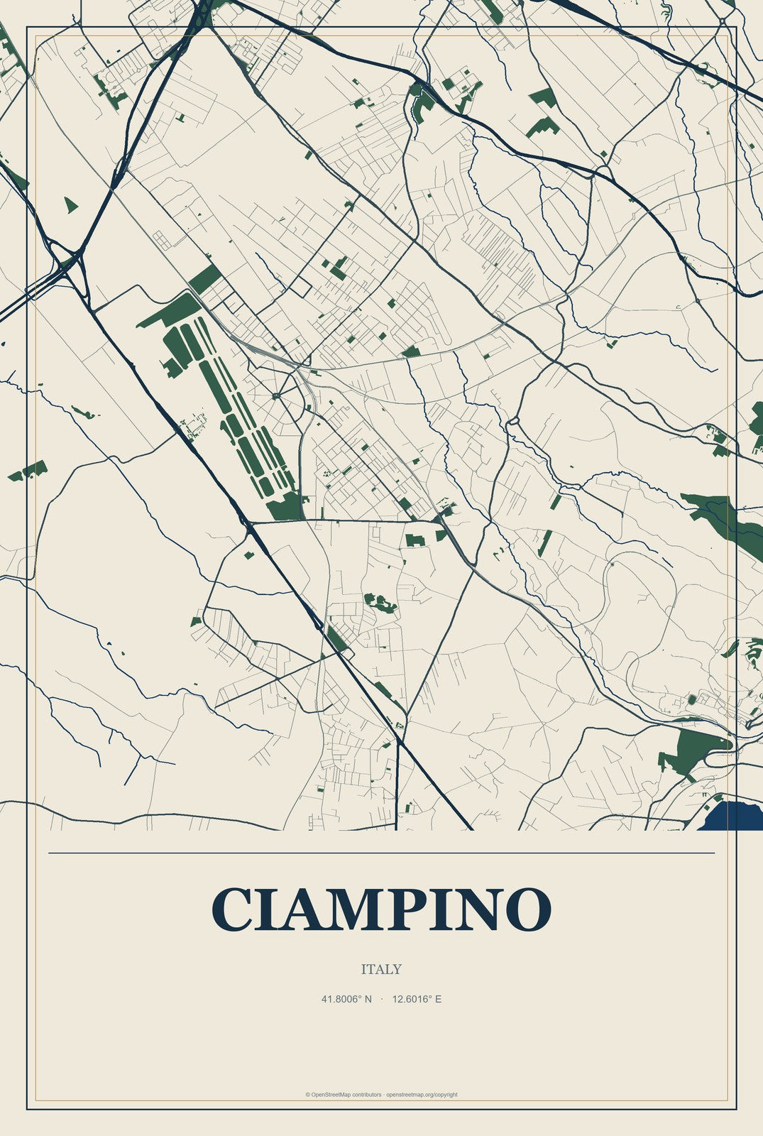 Ciampino, Italy City Map Aluminum Sign in Coastal Cutout style
