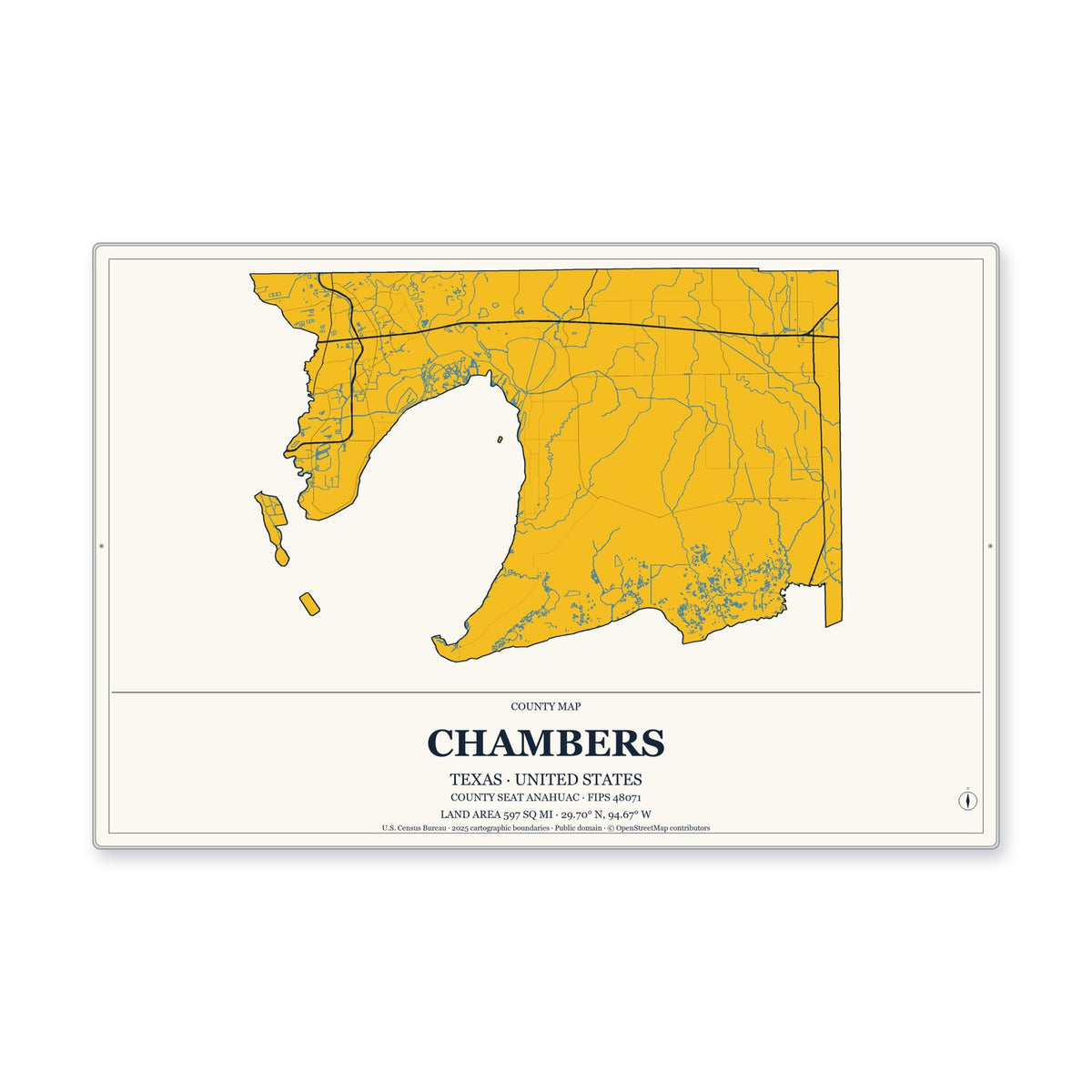 Chambers County, Texas Map Aluminum Sign in Citrine Modern style