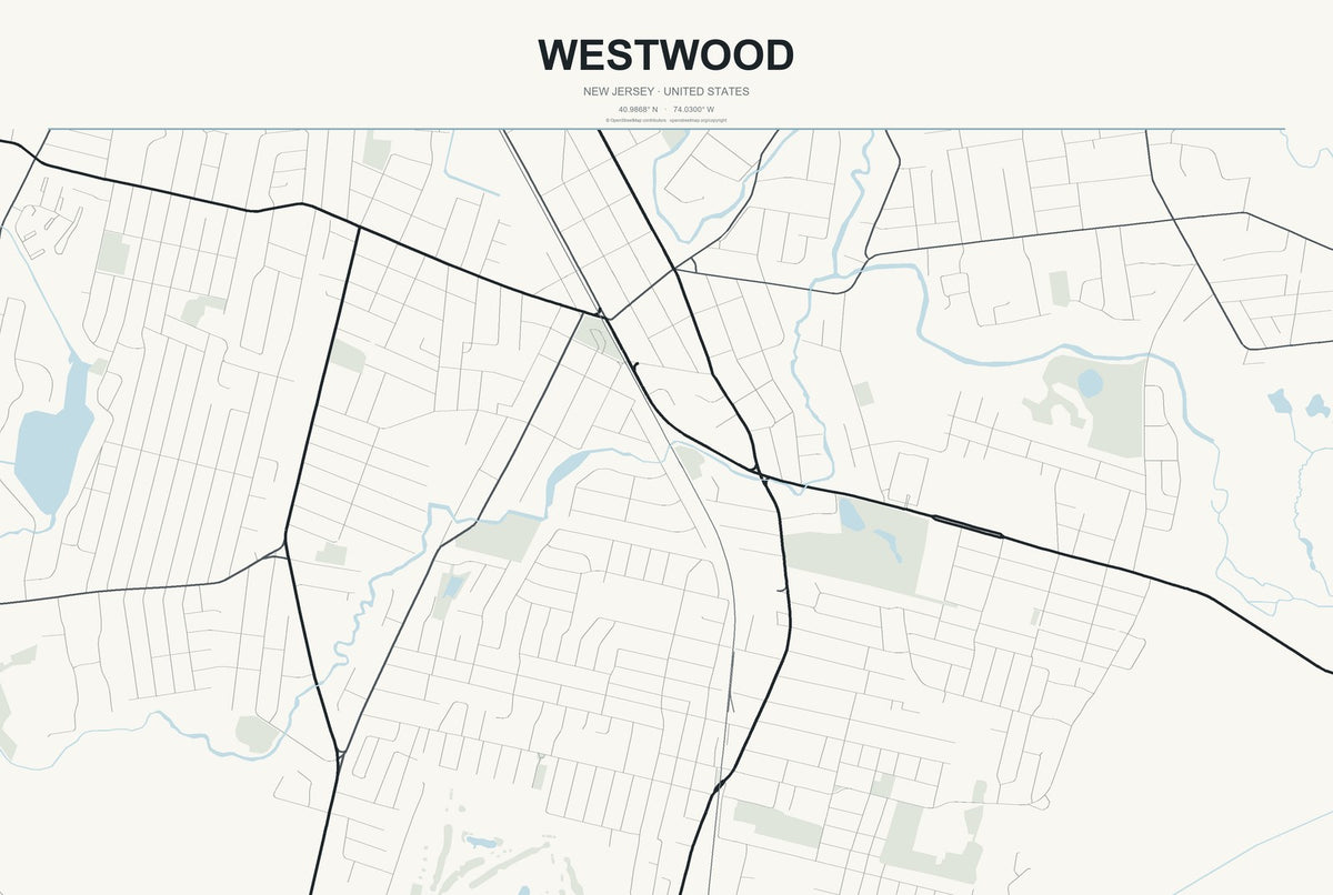 Westwood, New Jersey City Map Aluminum Sign in Headline Atlas style
