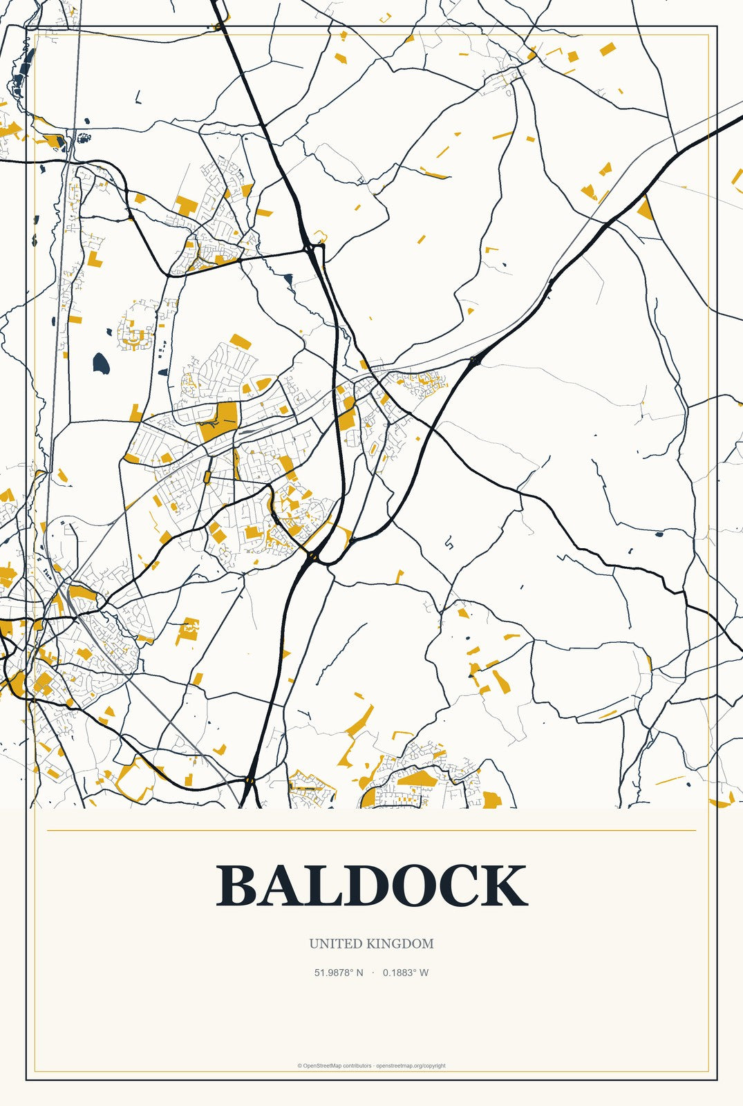 Baldock, United Kingdom City Map Aluminum Sign in Citrine Modern style