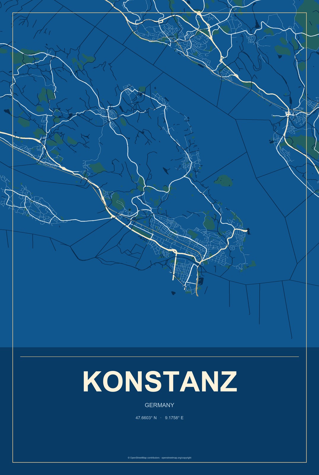 Konstanz, Germany City Map Aluminum Sign in Harbor Cobalt style