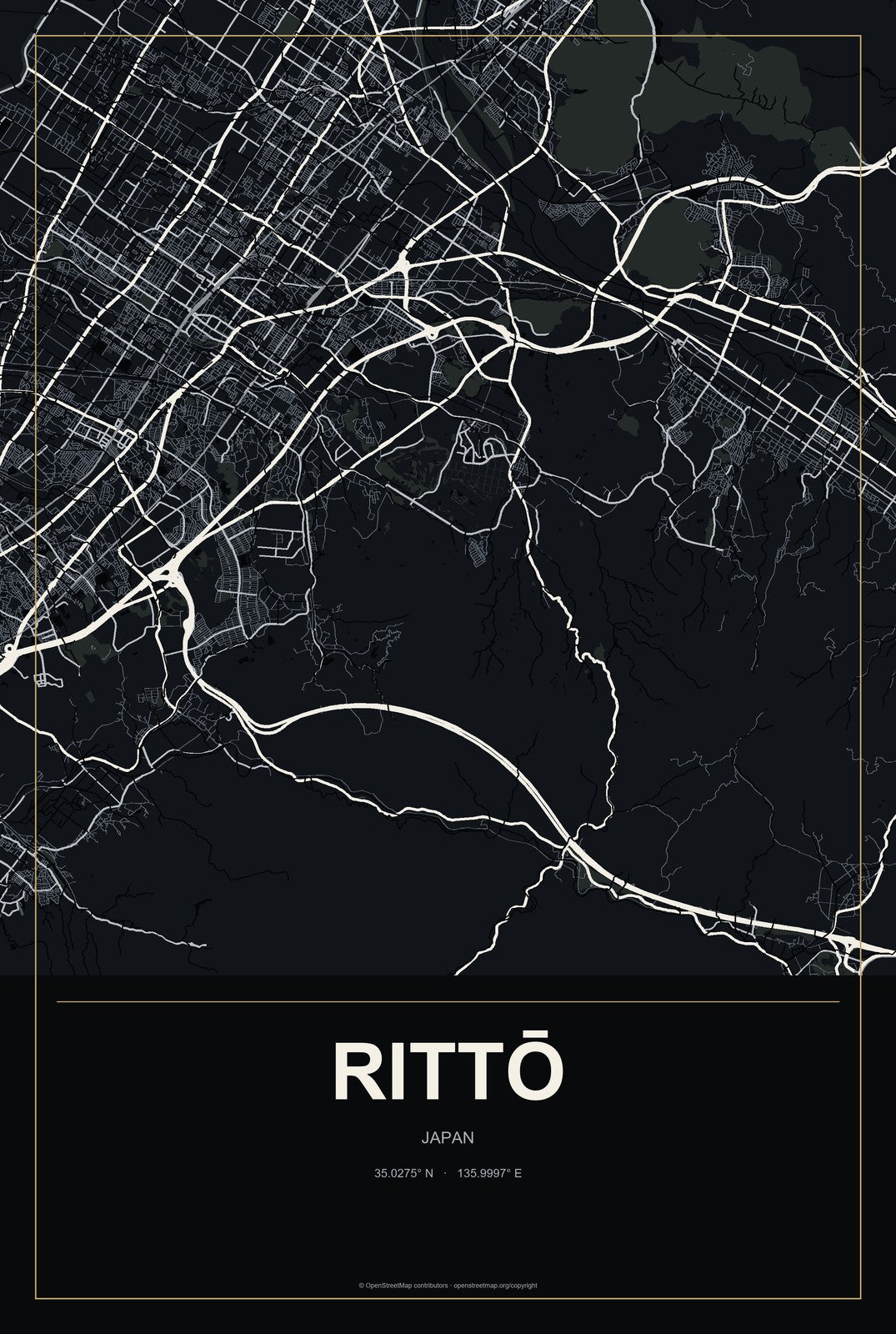 Rittō, Japan City Map Aluminum Sign in Metropolitan Noir style
