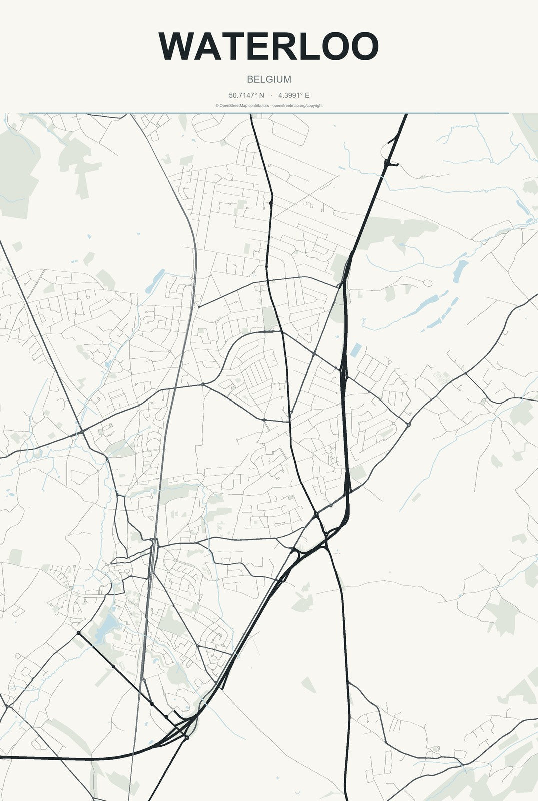 Waterloo, Belgium City Map Aluminum Sign in Headline Atlas style