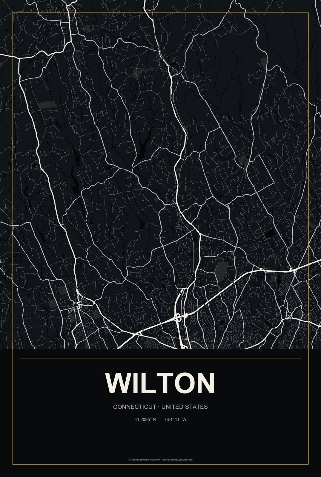 Wilton, Connecticut City Map Aluminum Sign in Metropolitan Noir style
